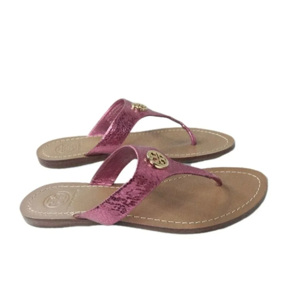 Tory Burch Cameron Leather Thong Sandals Women's Size 6 M Metallic Pink Leather